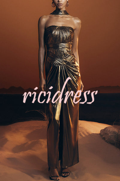 Clemence Plisse Metallic Fabric Reverse Halter Beck Strap Drape Slit Maxi Dress