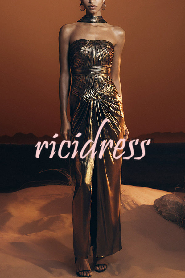 Clemence Plisse Metallic Fabric Reverse Halter Beck Strap Drape Slit Maxi Dress