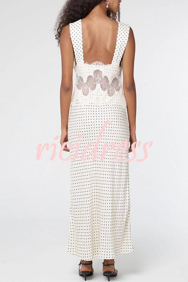 Wonderful Fusion Satin Lace Trim Poka Dot V-neck Drape Maxi Dress