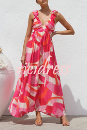 Unique Printed V-neck Ruffled Straps Pleated Back Maxi Dress