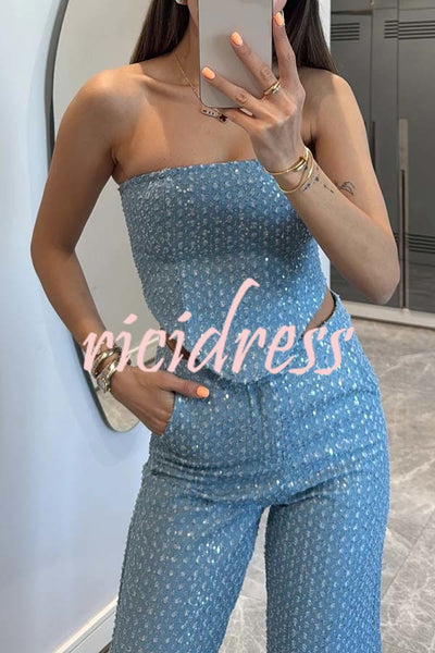 Fashionable Look Denim Sequin Textured Tube Top