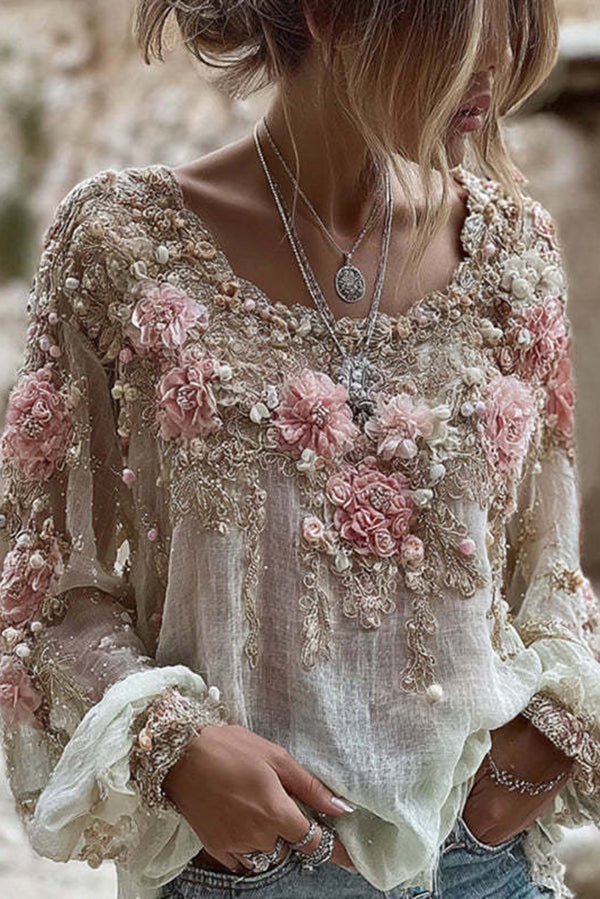 Bohemian Floral Print Round Neck Long-sleeved Loose Top