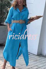 Linen Blend Solid Color Long Sleeve Buttoned Loose Pockets Maxi Dress