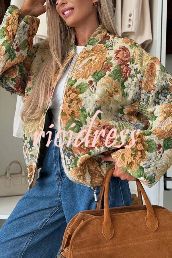 Floral Print Loose Long-sleeved Zip-up Jacket