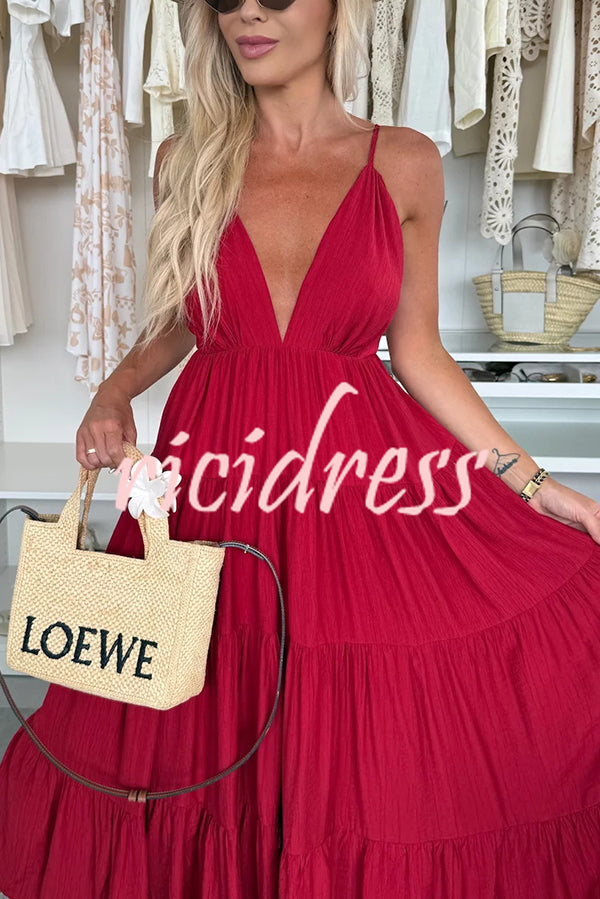 Bohemian Style V-neck Backless Slip Layered Vacation Maxi Dress