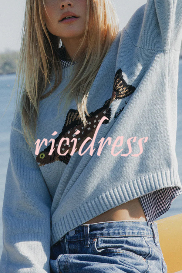 Fashionable Fish Pattern Round Neck Loose Knitted Sweater