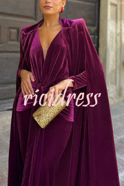 Olivienne Luxurious Velvet Padded Shoulders Slit Sleeve Lapel Midi Cape