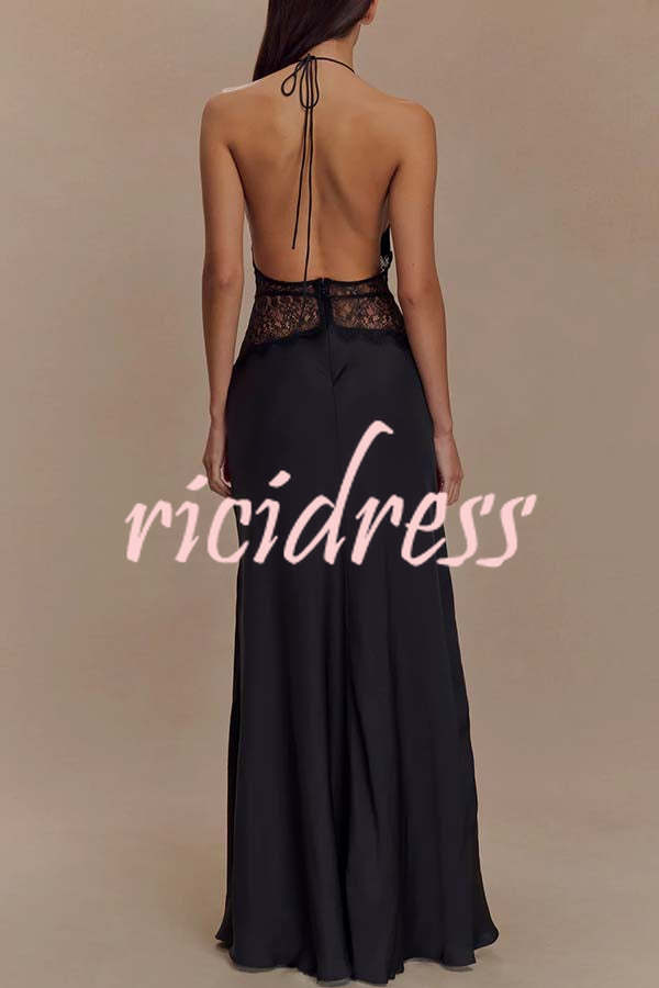 Seductive Details Satin Lace Waist Halter Tie-up Backless Maxi Dress