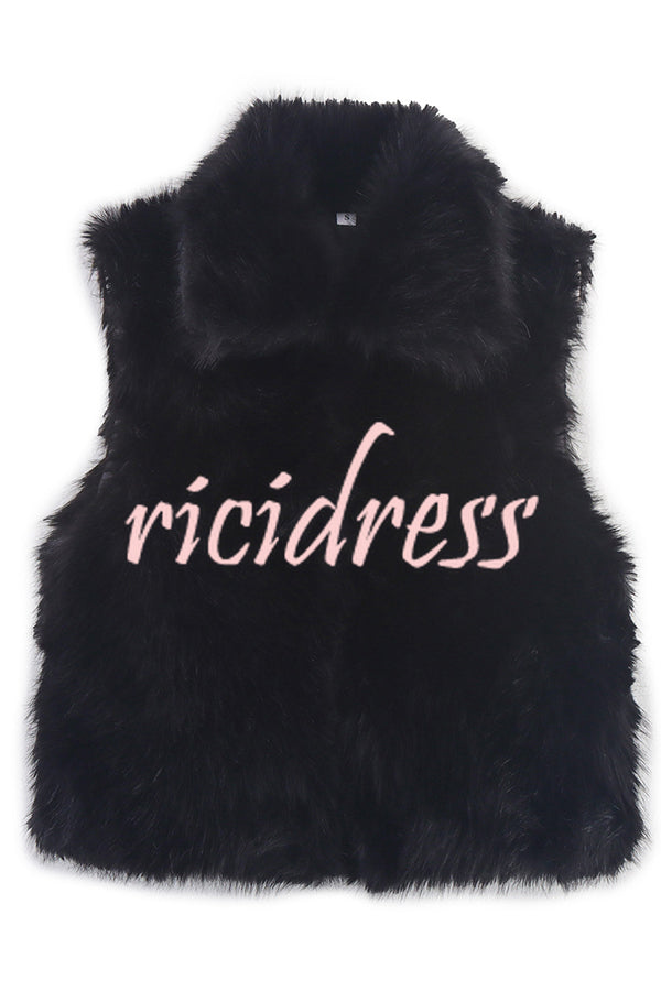 Stylish Collared Sleeveless Short Faux Fur Vest