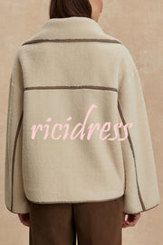Romane Faux Fleece Fabric Contrast Trim Long Sleeve Knitted Pocket Lapel Loose Jacket