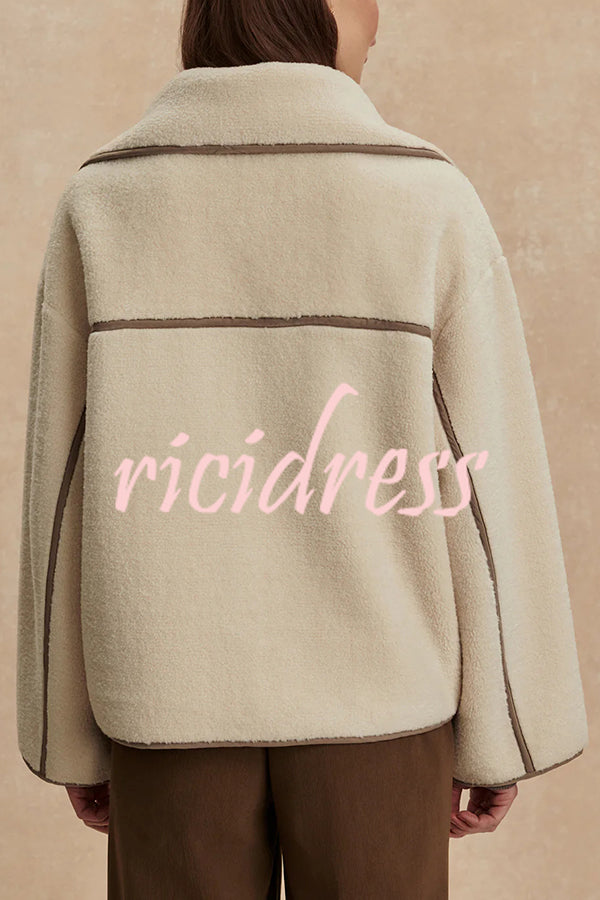 Romane Faux Fleece Fabric Contrast Trim Long Sleeve Knitted Pocket Lapel Loose Jacket