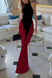 Fashionable Contrast Color Open Back Side Pleated Draped Maxi Dress