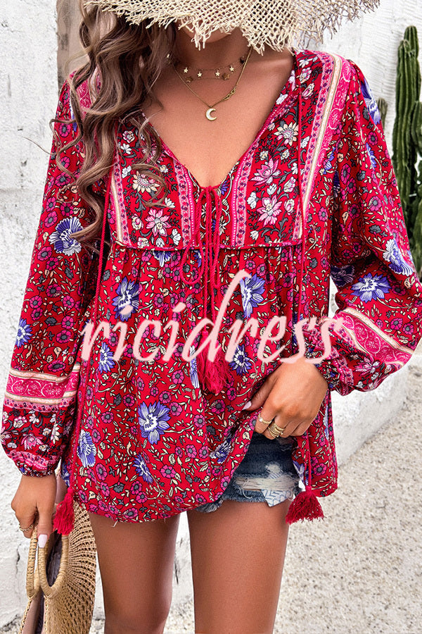 Intricate Floral Print V Neck Lace Up Paneled Long Sleeve Shirt