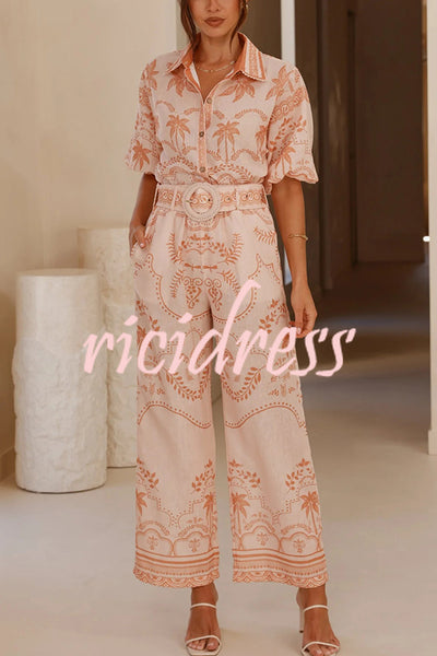 Linen Blend Lapel Puff Sleeve Loose Shirt and Casual Pocket Straight Pants Set