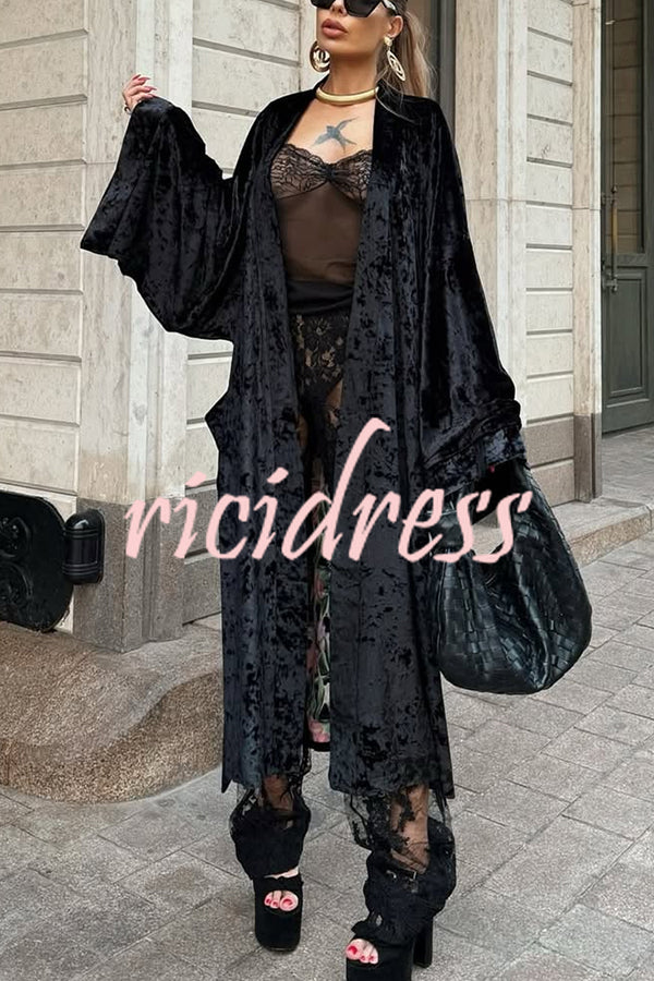 Gorgeous Glossy Velvet Long Bell Sleeve Tie-up Pocket Midi Kimono Coat