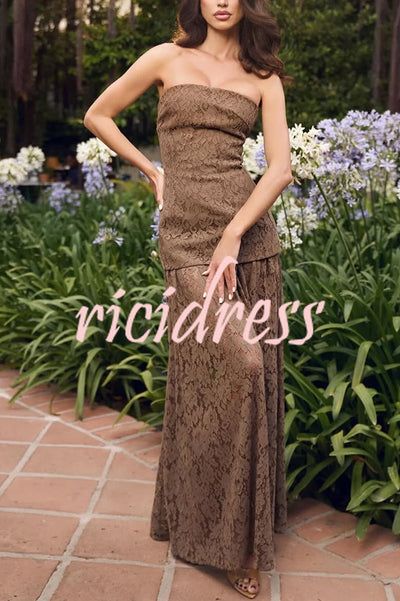 Sepia Kiss Floral Lace Off Shoulder Flowing Hem Maxi Dress