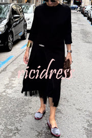 Jollie Knit Long Sleeve Front Slit Midi Sweater and Pleated Tulle Stretch Tank Midi Dress Two-piece Set