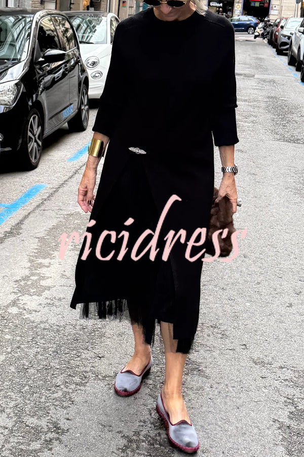 Jollie Knit Long Sleeve Front Slit Midi Sweater and Pleated Tulle Stretch Tank Midi Dress Two-piece Set