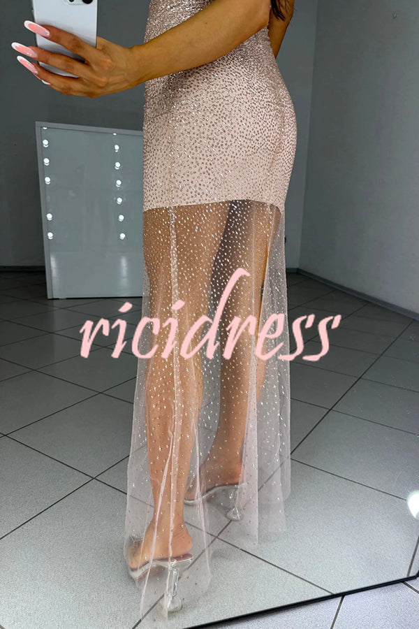 Olivia See-through Mesh Sequin Fabric Warp V-neck Party Maxi Dress