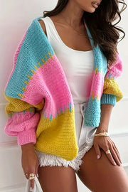 Fashionable Contrast Color Stitching Casual Knitted Cardigan