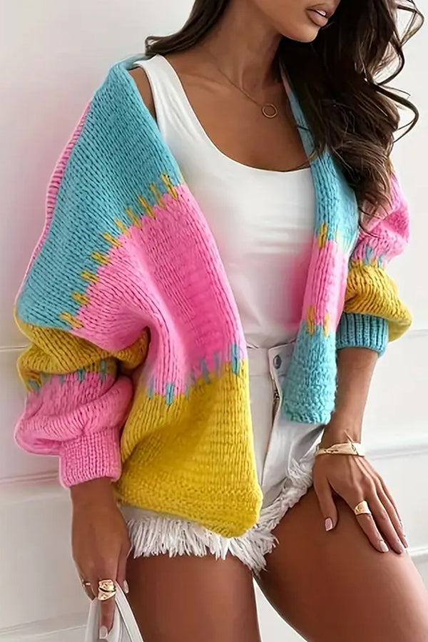 Fashionable Contrast Color Stitching Casual Knitted Cardigan