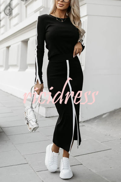 Stylish Paneled Long Sleeve Crew Neck Top and Elastic Waist Slit Midi Skirt Set