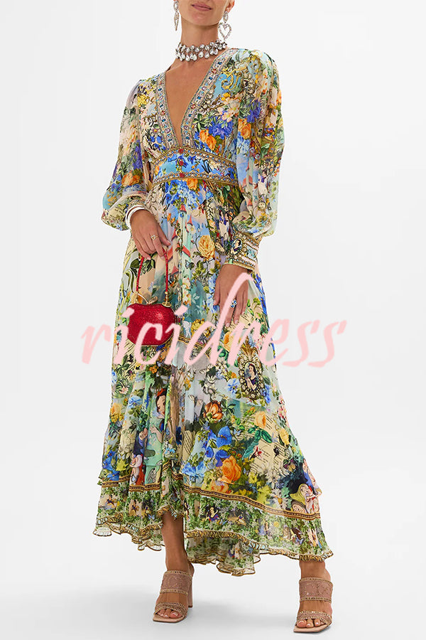 Fairy Tale Print V-Neck Lantern Sleeve Waist Maxi Dress