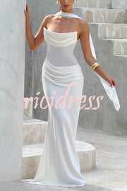 Liora Ruched Cowl Neck Sheer Mesh Waist Off Shoulder Scarf Maxi Dress