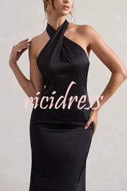 Solid Color Halter Neck Tie Sexy Backless Slim Maxi Dress