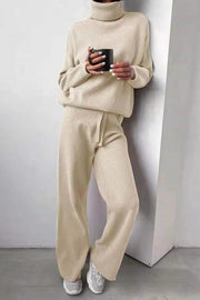 Solid Color Turtleneck Long-sleeved Knit Top and Elastic Waist Casual Pants Set