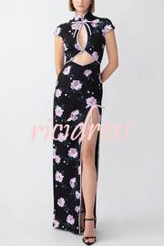 Lavender Flower Print Cutout Bow Details Thigh-high Slit Cheongsam Maxi Dress
