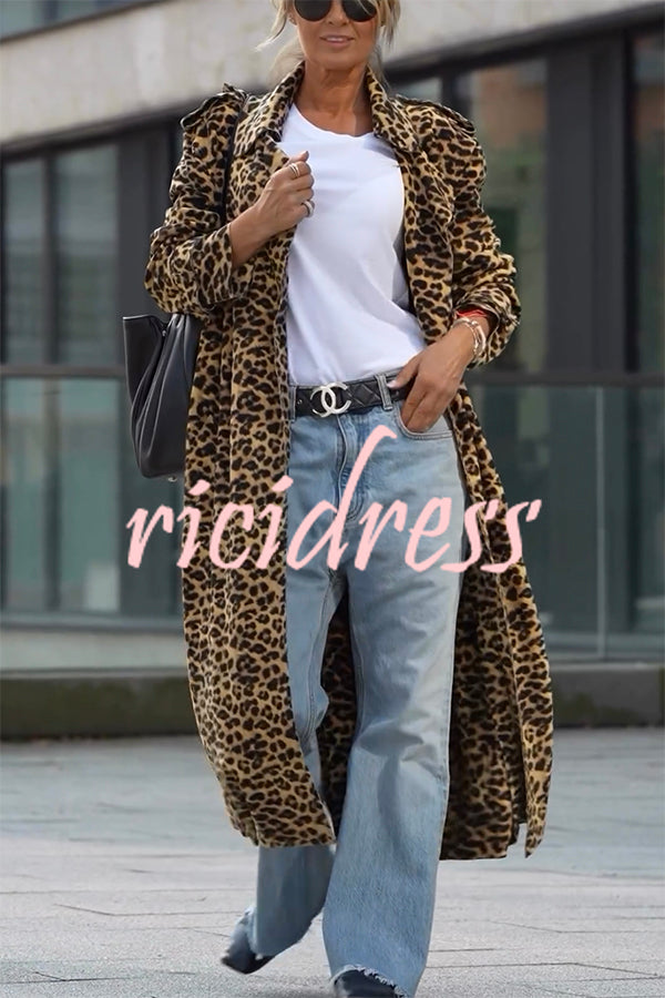 Be Free Velvet Leopard Print Long Sleeve Loose Midi Trench Coat