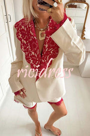 Love Letter Contrast Lace Detail Long Sleeve Wave Lapel Loose Blazer