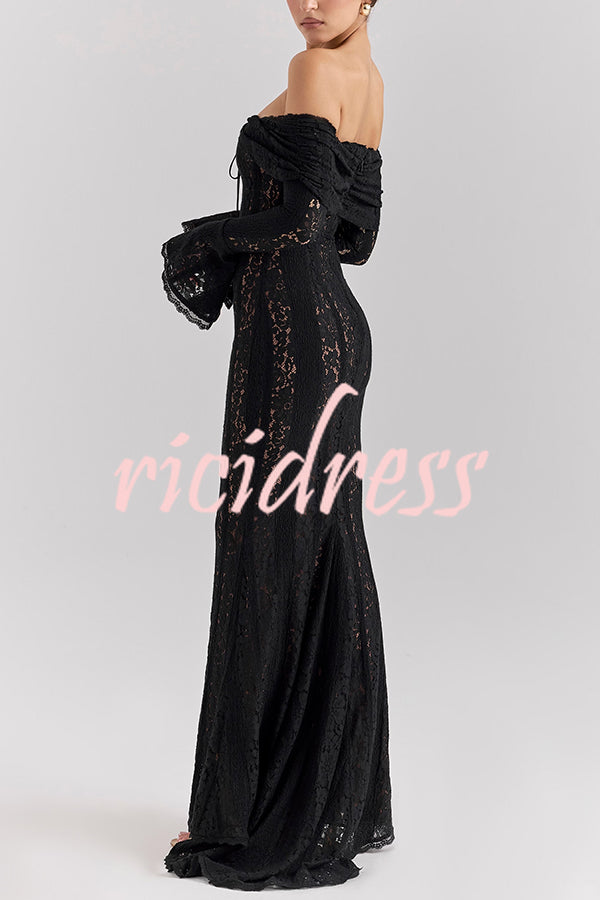 Outline The Curve Floral Lace Off Shoulder Bell Sleeve Stretch Maxi Dress