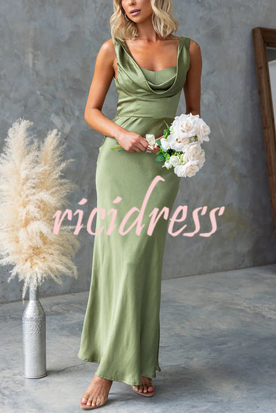 Chic Muse Satin Solid Color Cowl Neck Back Tie-up Maxi Dress