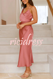 Satin Solid Color Elegant Sling Waist Open Back Maxi Dress