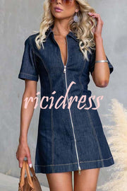 Street Chic Denim Shirt Neck Front Zip-up Stretch Mini Dress