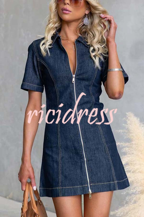 Street Chic Denim Shirt Neck Front Zip-up Stretch Mini Dress
