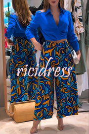 Ocean Heart Linen Blend Printed Ruched Hem Blouse and Belted High Rise Pocket Loose Pants Set