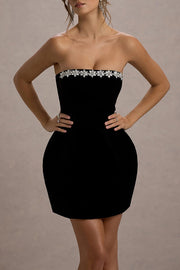 Effortlessly Elegant Velvet Jewel Embellished Trim Bandeau Mini Dress