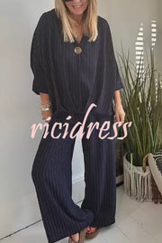 Fashion Striped Print Lapel Loose Top and Elastic Waist Casual Wide-leg Pants Set