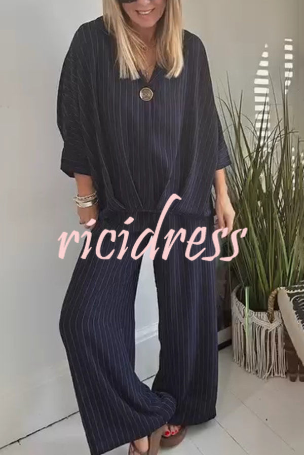 Fashion Striped Print Lapel Loose Top and Elastic Waist Casual Wide-leg Pants Set