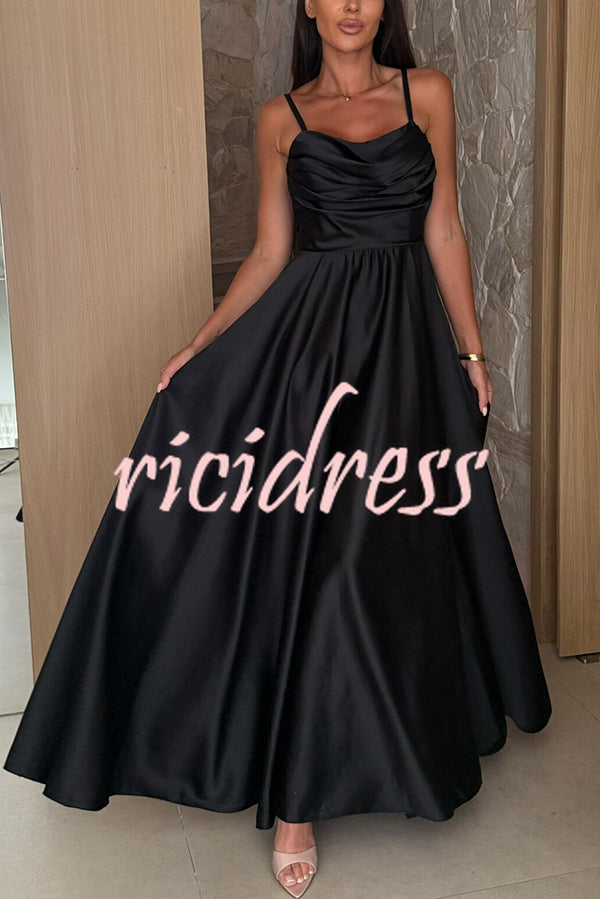 Solid Color Suspender Back Pleated Elegant Slit Full Hem Maxi Dress