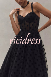 Perfect Guest Tulle Polka Dot Sweetheart Bustier A-Line Midi Dress