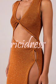 Beautiful Figure Shiny Knit Fabric Cutout Side Slit Stretch Vacation Maxi Dress