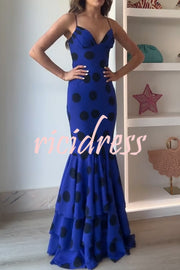 Eliora Mesh Polka Dot Print Gathered Bust Layered Fishtail Hem Maxi Dress