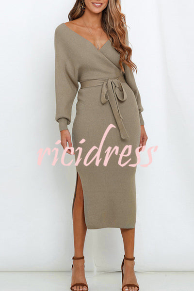V Neck Dolman Sleeve High Waisted Lace Up Knit Midi Dress