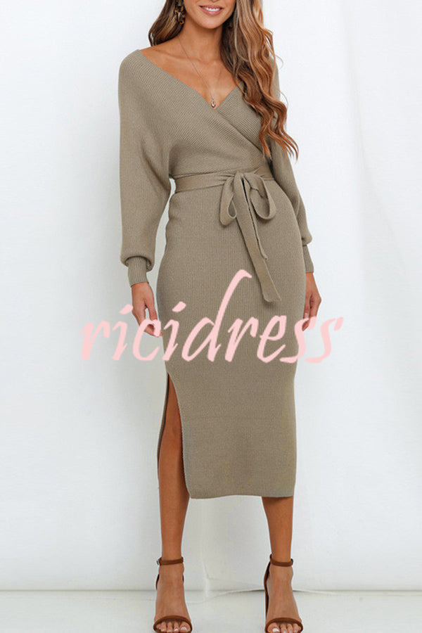 V Neck Dolman Sleeve High Waisted Lace Up Knit Midi Dress