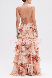 Ariae Butterfly Print Multi-layered Ruffles Backless Tie-up Maxi Dress