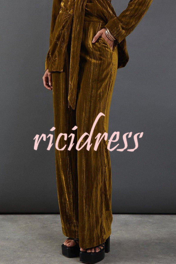 Solid Color Velvet Long-sleeved Waist Tie Top and Elastic Waist Casual Pocket Straight-leg Pants Set